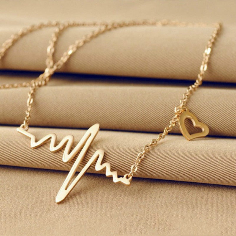 Simple Wave Heart Necklace Chic ECG Heartbeat Gold Pendant Charm Lightning Necklace for Women Vintage Jewelry