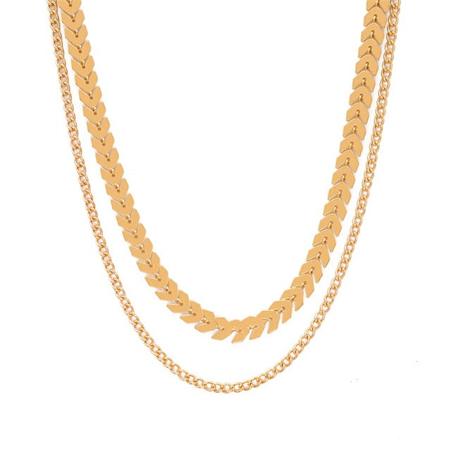 Two Layered Necklaces Fishbone Gold Chain