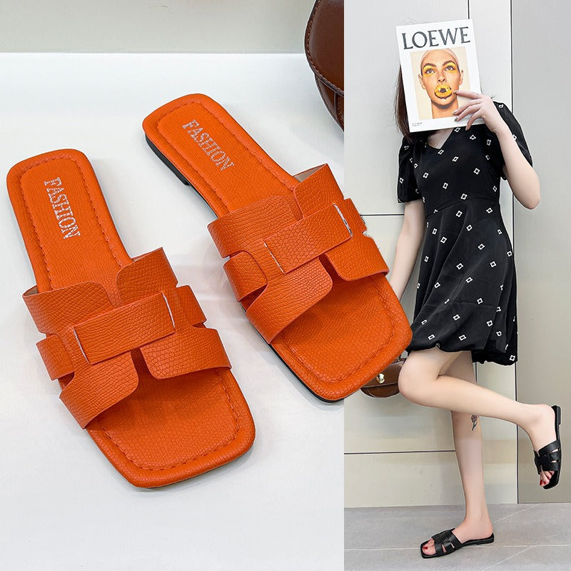 Summer Korean Style Simple Solid Color Flat Slipper Women Holiday Beach Large Size Slipper