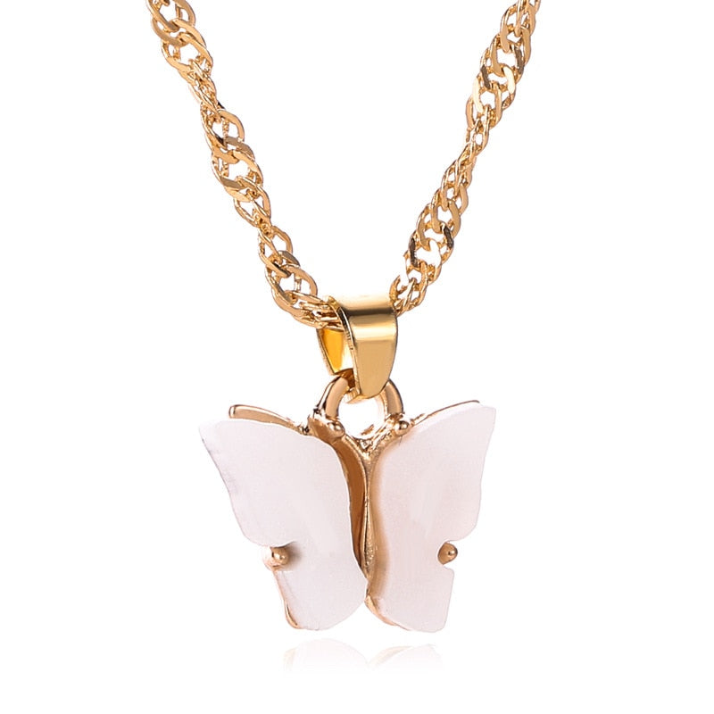 Sweet Acrylic Color Butterfly Necklace For Women Long Wild Clavicle Chain Pendant Refined Stylish Mujer Gift Trendy Gold