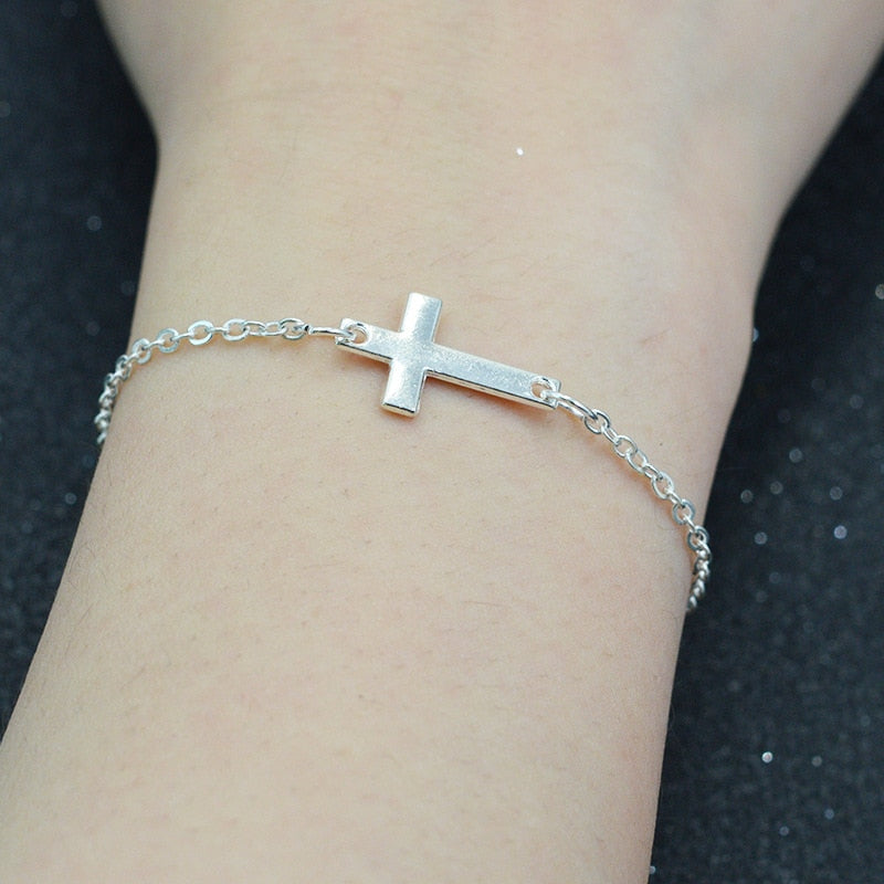 Jesus Christian Stainless Steel Womens Mens Horizontal Sideways Cross Bracelets Silver Charm Keepsake Girl Baby Bracelet