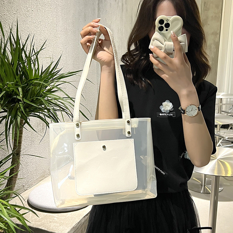 Student Class Commuting Shoulder Tote Bag Women's New Large Capacity Cloth Bag Simple Texture Transparent Large Bag