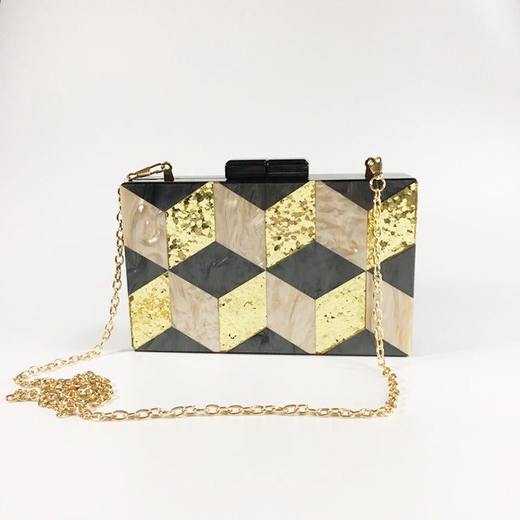 New Women's Bag Vintage Sequins Acrylic Dinner Bag Geometric Checker Splicing Handbag Dress Bag