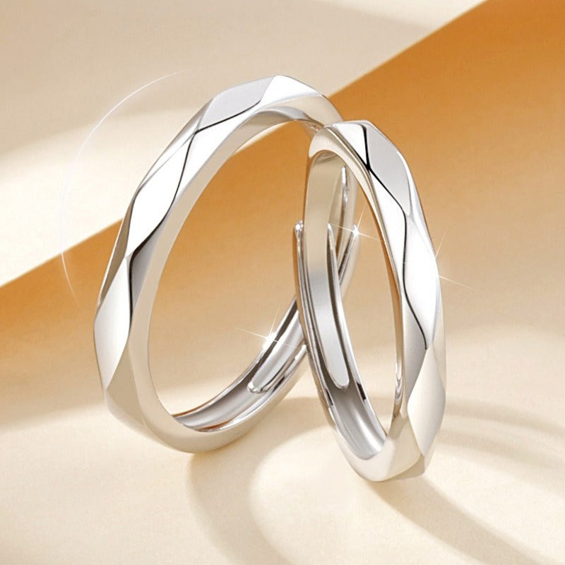 S925 Sterling Silver Dedication Couple Ring Pair Of Men And Women Simple Cut Face Ring Niche Design Sense Openings Can Be Adjusted