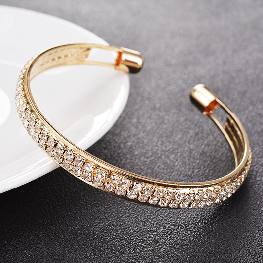 European And American New Fashion High-Quality Popular Rose Gold Silver Diamond Inlaid 2-Row Open Bracelet Women's Bracelet Jewelry