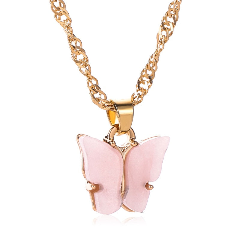 Sweet Acrylic Color Butterfly Necklace For Women Long Wild Clavicle Chain Pendant Refined Stylish Mujer Gift Trendy Gold