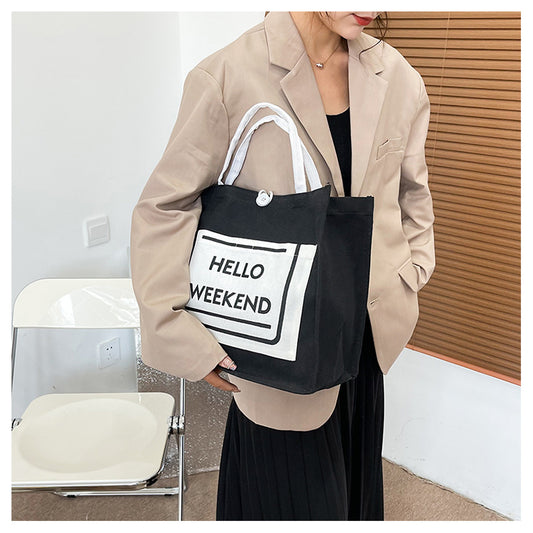 Retro Button Tote Bag New Canvas Letter Printing Tote Bag Large Capacity Fashion Simple Hand Carry Shopping Bag