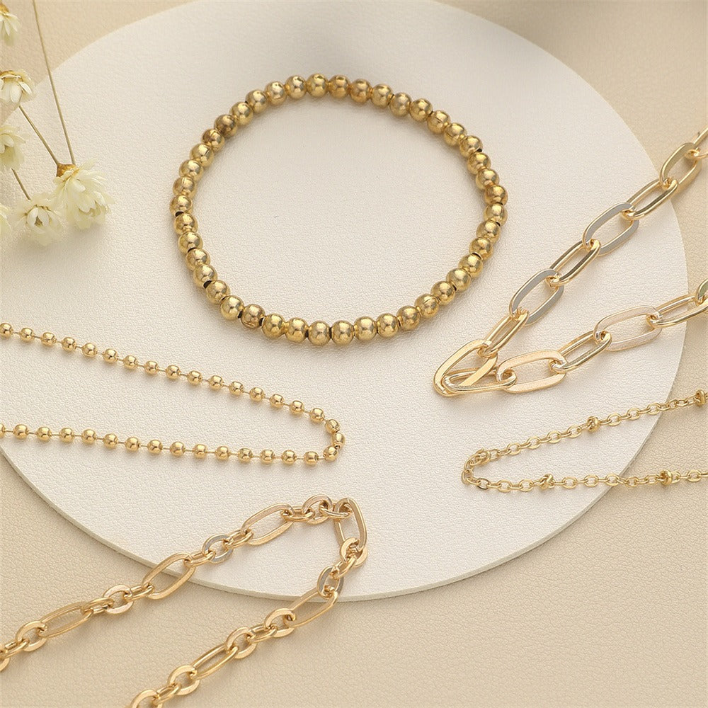 Elastic cord beaded chain simple paper clip thick chain versatile beaded bracelet 5 piece set