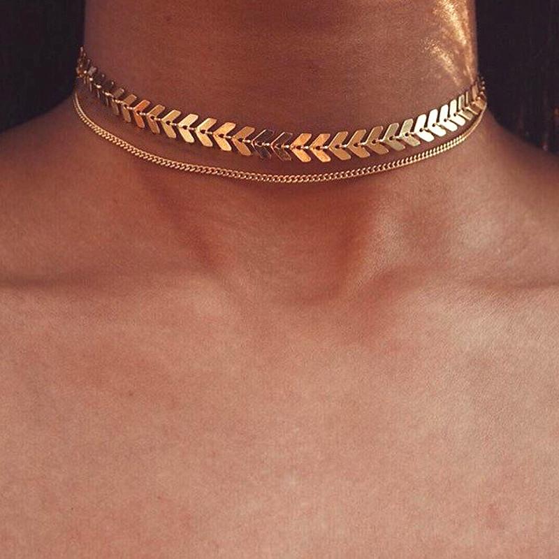 Two Layered Necklaces Fishbone Gold Chain