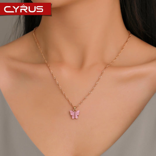 Sweet Acrylic Color Butterfly Necklace For Women Long Wild Clavicle Chain Pendant Refined Stylish Mujer Gift Trendy Gold