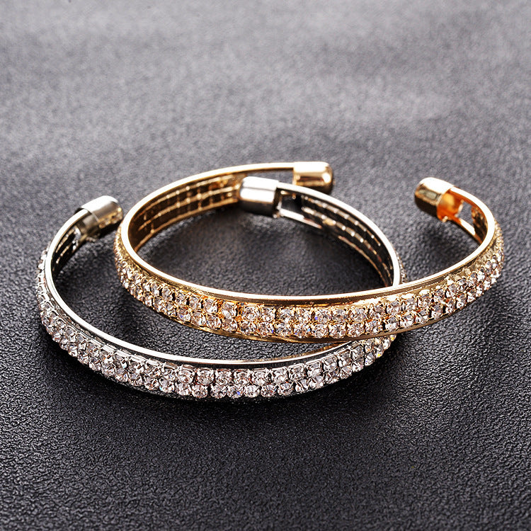 European And American New Fashion High-Quality Popular Rose Gold Silver Diamond Inlaid 2-Row Open Bracelet Women's Bracelet Jewelry